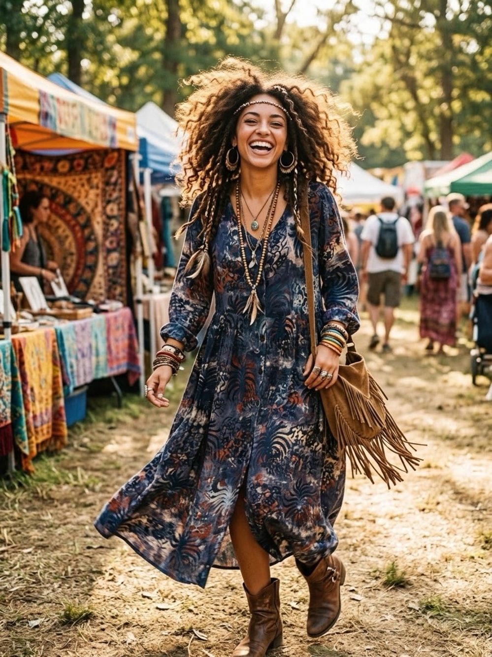 Vintage KOUCHEE Abstract Watercolour Midi Dress - Long Sleeve Boho